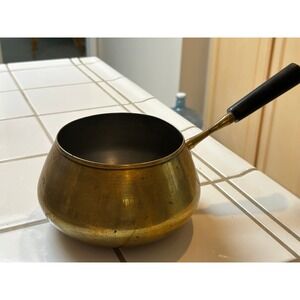 Vintage Brass Sauce Pan Pot Black Handle Mid Century Kitchenware
